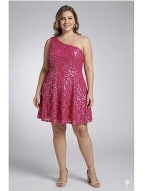 Hot Pink One-Shoulder Sequin Party Dress by LOYELOY- Large